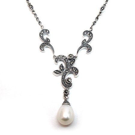 Marcasite and Freshwater Pearl Sterling Scroll Necklace - Click Image to Close